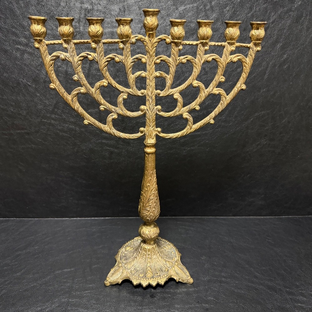 Vintage Brass Hanukkah Menorah 9 Branch Filigree Candelabra Jerusalem 14.5"